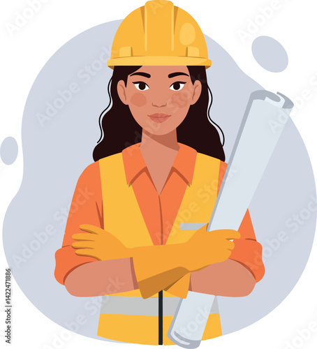 Female Construction Worker Wearing Yellow Helmet and Holding Blueprint Vector Illustration 