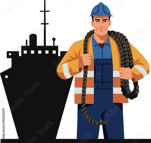 Ship deck worker carrying rope in safety jacket and helmet vector illustration 