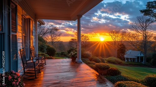 Fototapeta Naklejka Na Ścianę i Meble -  Sunset view from porch, rocking chairs, peaceful evening