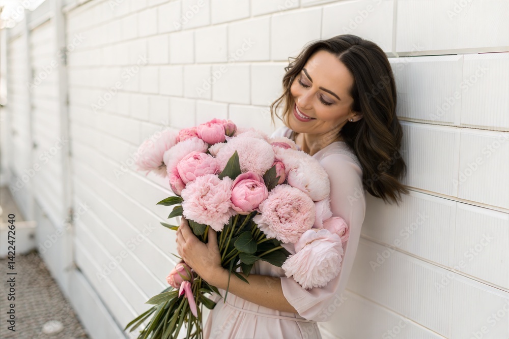 Woman holding a bouquet of pink peonies against a white wall. (Bouquet) Woman holding a bouquet of pink peonies against a white wall. (Bouquet)
