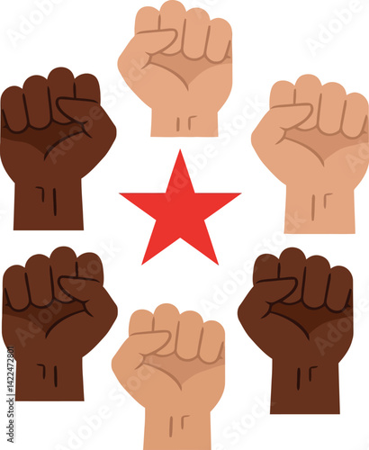 Raised fists in different skin tones with red star symbol of unity and solidarity vector illustration 