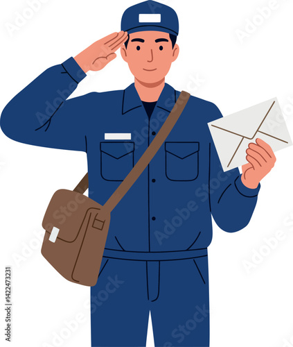 Male Postal Worker Saluting Holding Envelope in Blue Uniform Vector Illustration 