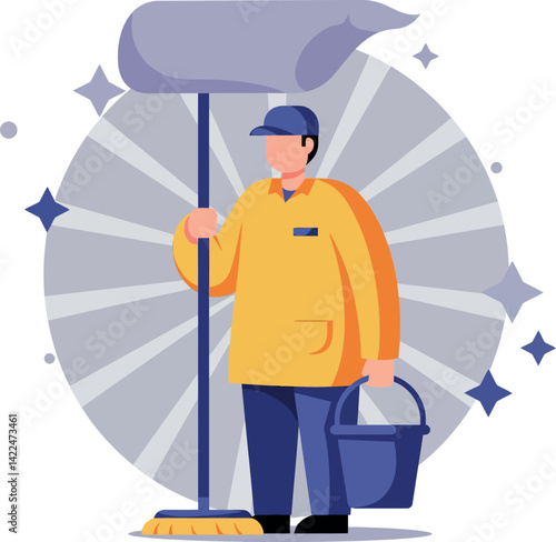 Janitor Cleaning Floor with Mop and Bucket in Uniform Vector Illustration 