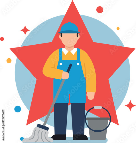 Janitor cleaning floor with mop and bucket in front of red star vector illustration 