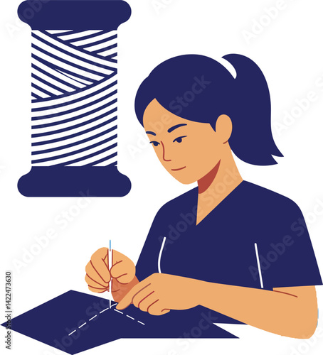 Woman sewing with needle and thread spool vector illustration in navy blue and orange colors 