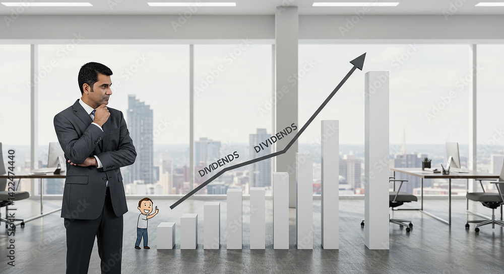 Man in suit looking at rising dividend graph in office with city view and cartoon character waving Man in suit looking at rising dividend graph in office with city view and cartoon character waving