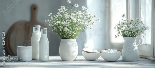 Wallpaper Mural Dairy products & flowers on windowsill, sunlit kitchen Torontodigital.ca