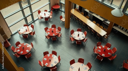 Aerial View of a Modern Cafeteria with Red Tables and Chairs