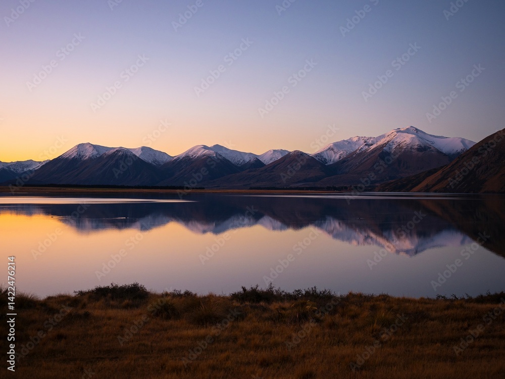 Fototapeta premium Lake Heron idyllic calm serene golden hour mountain peak winter sunset mirror reflection, Southern Alps landscape at Ashburton Lakes New Zealand