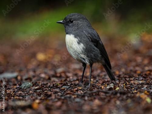 A small cute tiny dark black South Island Robin Petroica Australis Toutouwai Kakaruwai with white belly feathers standing on forest ground New Zealand