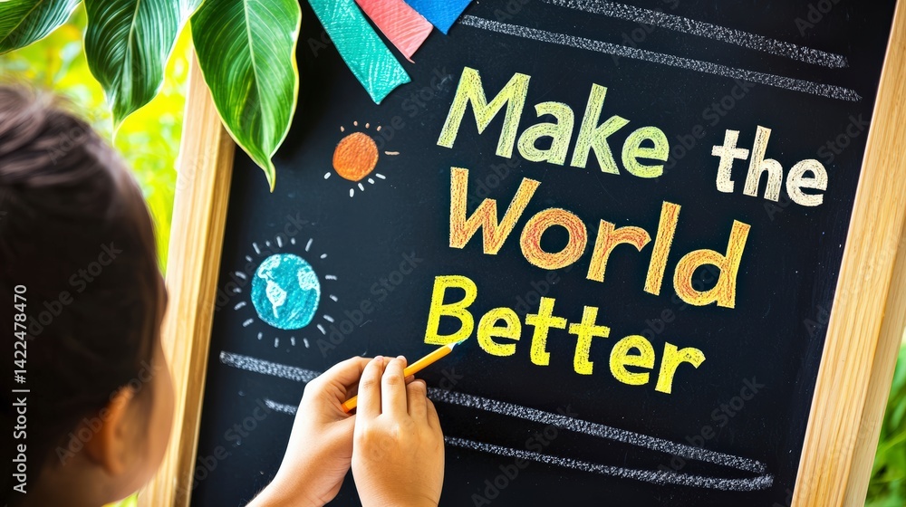 Fototapeta premium Student Writing Make the World Better on Chalkboard in Classroom