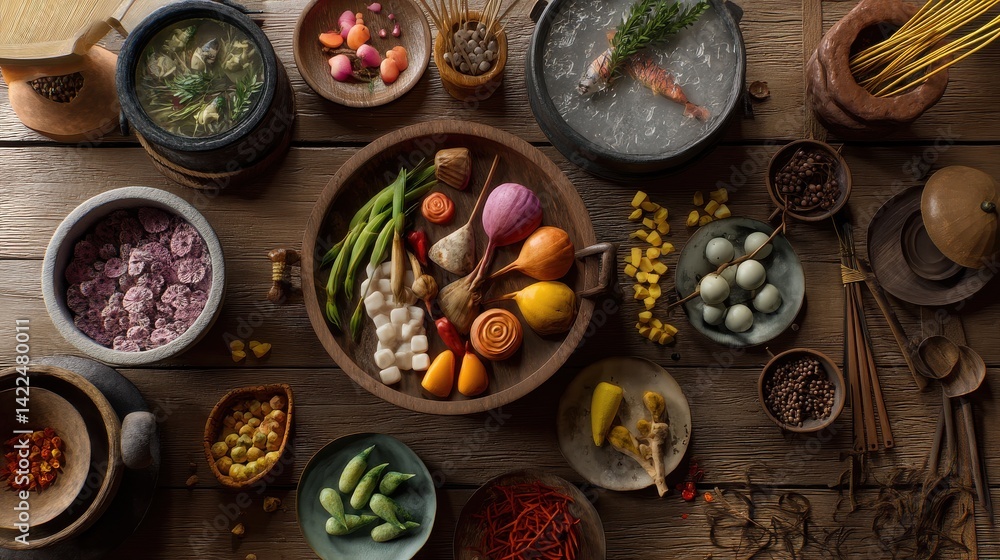 A vibrant overhead shot showcasing an array of colorful, meticulously arranged food items on a rustic wooden table. Various ingredients, possibly for a unique culinary creation. A vibrant overhead shot showcasing an array of colorful, meticulously arranged food items on a rustic wooden table. Various ingredients, possibly for a unique culinary creation.