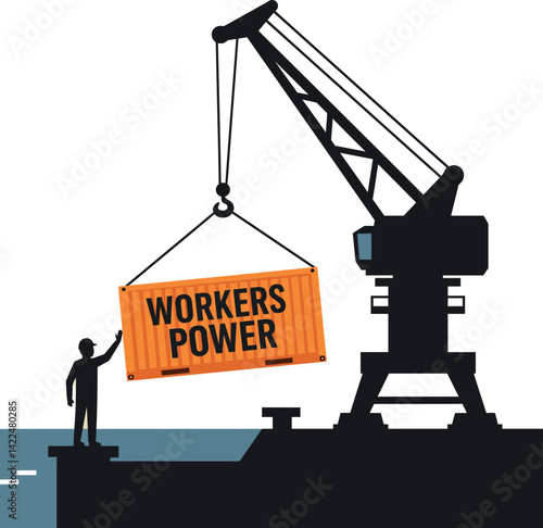 Industrial crane lifting workers power container at dock silhouette vector illustration 