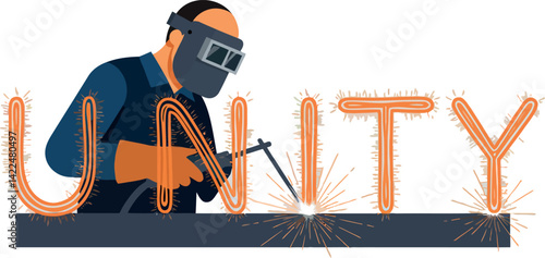 Welder creating unity word with sparks in industrial workshop vector illustration 