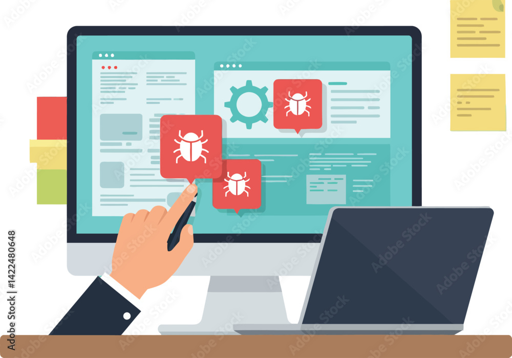 Computer Screen Displaying Software Bugs and Debugging Process Illustration with Laptop and Hand Pointer Computer Screen Displaying Software Bugs and Debugging Process Illustration with Laptop and Hand Pointer