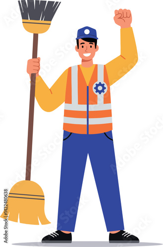Male street cleaner holding broom wearing safety vest and cap vector illustration 