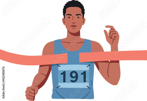 Male Athlete Finishing Race with Blue Jersey and Number 191 Crossing Tape Vector Illustration 