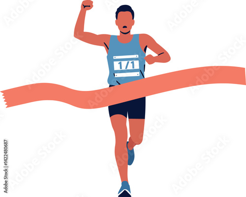 Runner crossing finish line winning marathon race with raised arm and ribbon 