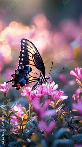 Wallpaper Mural Butterfly on pink flowers, sunset garden, nature beauty, wallpaper Torontodigital.ca