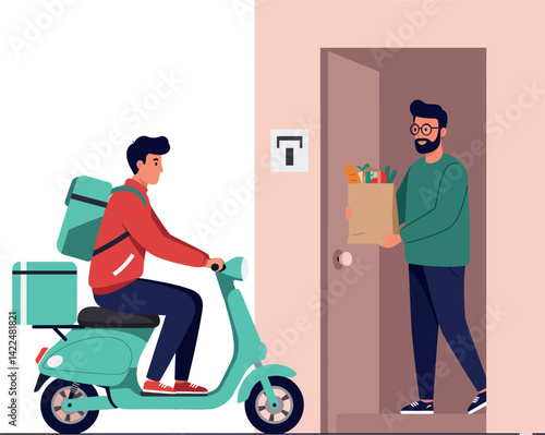 Delivery person on scooter delivering groceries to man at home door vector illustration 