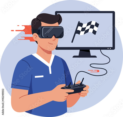 Man wearing virtual reality headset controlling drone with remote and checkered flag on screen vector 