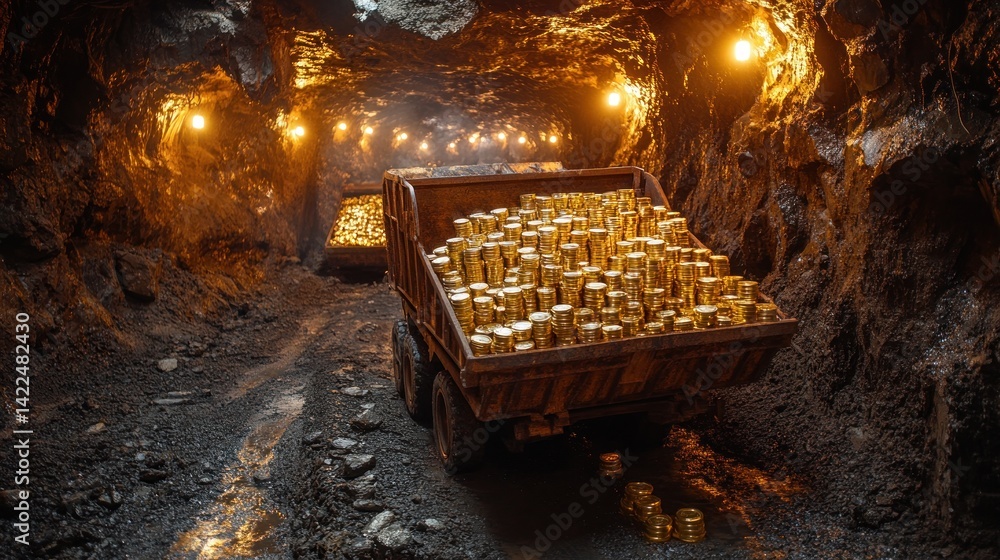 Trucks overloaded with gold coins inside a dimly lit tunnel, symbolizing wealth and prosperity