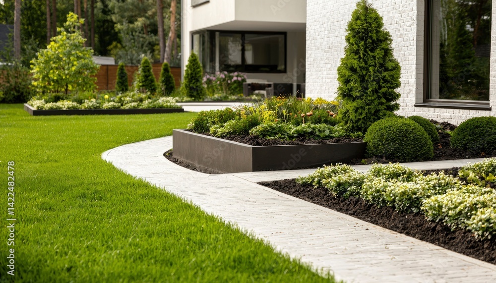 Obraz premium Modern home landscaping with manicured lawn and flower beds
