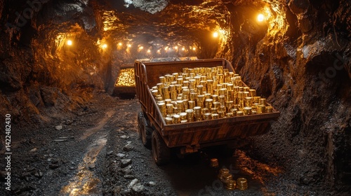 Obraz na płótnie Trucks overloaded with gold coins inside a dimly lit tunnel, symbolizing wealth and prosperity w salonie