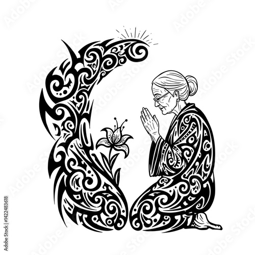 Senior woman praying with light in intricate black and white design  