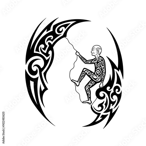 Senior man climbing rocks in tribal style against black background  