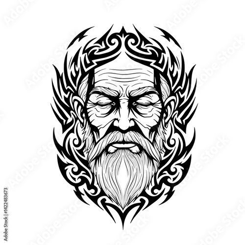 Elderly man with eyes closed in tribal art style with black patterns  