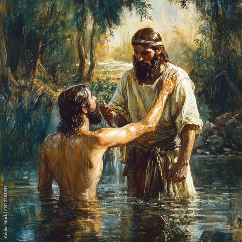 Jesus approaches John the Baptist in Galilee for a significant baptismal moment in the Jordan River during a serene afternoon light