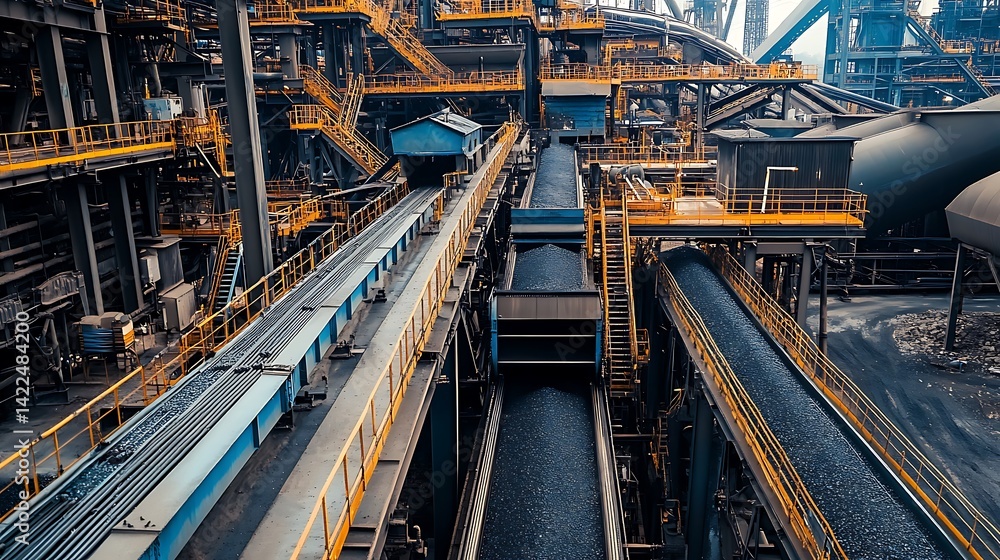 Industrial metal processing facility with conveyor systems. Industrial metal processing facility with conveyor systems.