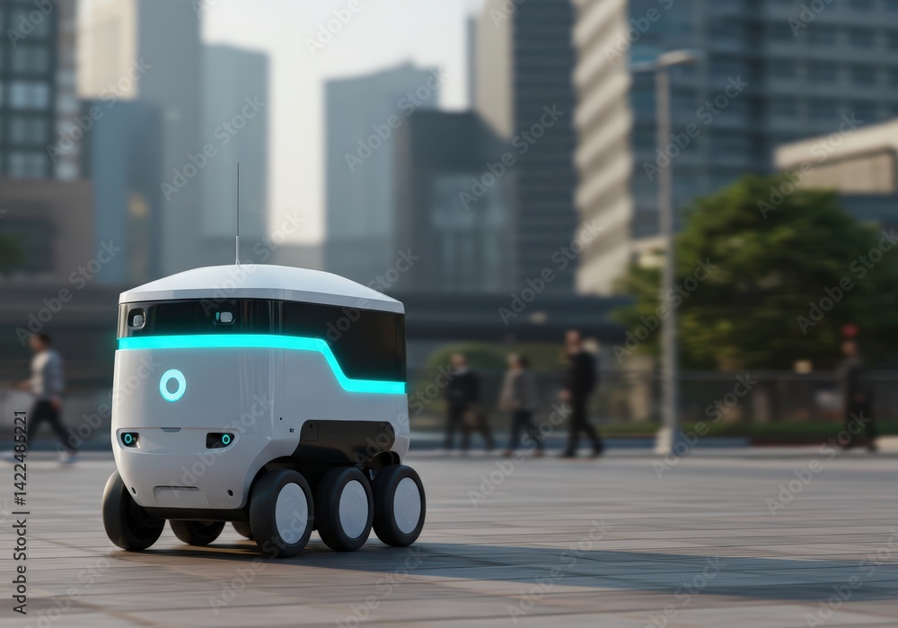 Futuristic autonomous delivery robot driving on city street ground. Future smart transportation technology and last mile delivery robot van concept.