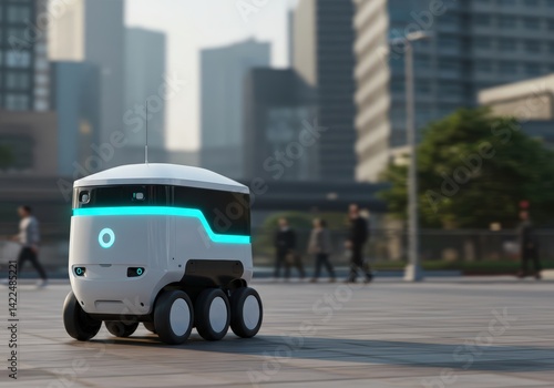 Futuristic autonomous delivery robot driving on city street ground. Future smart transportation technology and last mile delivery robot van concept.