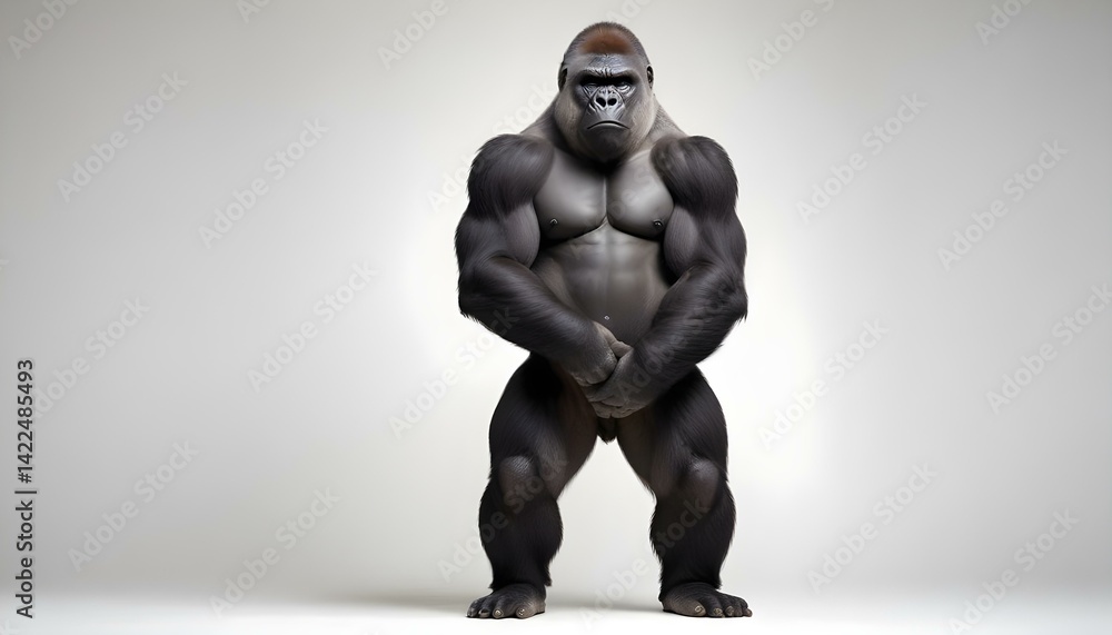 A formidable gorilla poses, showcasing its impressive physique against a clean white backdrop. A formidable gorilla poses, showcasing its impressive physique against a clean white backdrop.