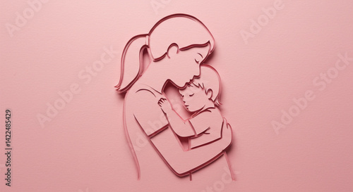 Paper Cut-Out Style illustration of mother embracing child on soft pink background