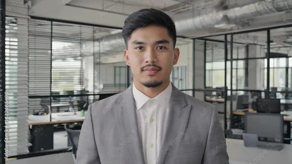 Confident young Asian man in formal gray suit looking directly at the camera in a modern office space with window blinds and desks Confident young Asian man in formal gray suit looking directly at the camera in a modern office space with window blinds and desks
