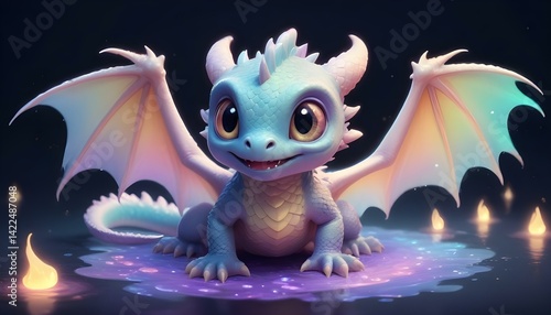 An enchanting illustration of a cute, blue dragon with large, expressive eyes smiling brightly.