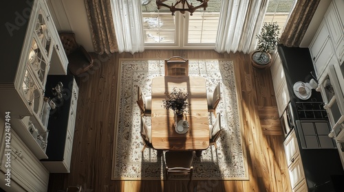 Sunlit Dining Room Interior Design: A Bird's Eye View of Elegant Rustic Decor