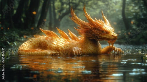 Golden Dragon Emerging from Misty Waters, A Mythical Creature Encounter