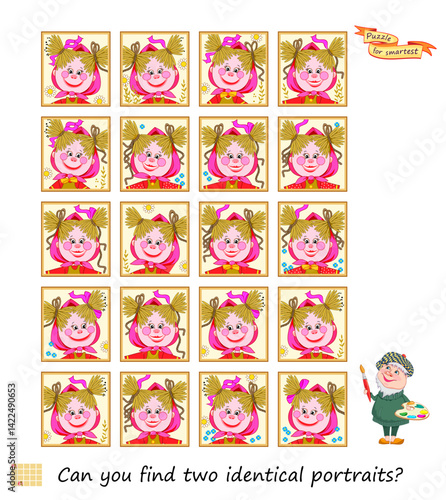 Can you find two identical portraits? Logic puzzle for children and adults. Game Seek and Find. Page for kids brain teaser book. Task for attentiveness. IQ test. Play online. Hand drawn flat vector.