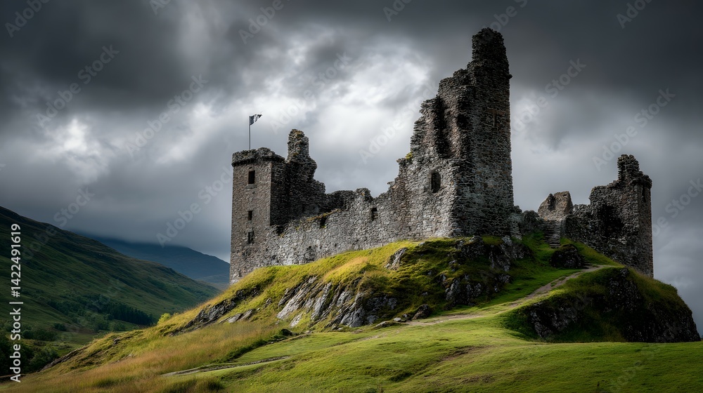 Ruined Scottish castle perched atop a grassy hill under a dramatic sky. Ruined Scottish castle perched atop a grassy hill under a dramatic sky.