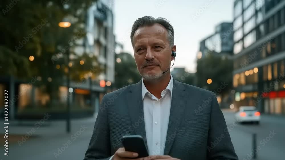 Smiling businessman using phone outdoors. Smiling businessman using phone outdoors.