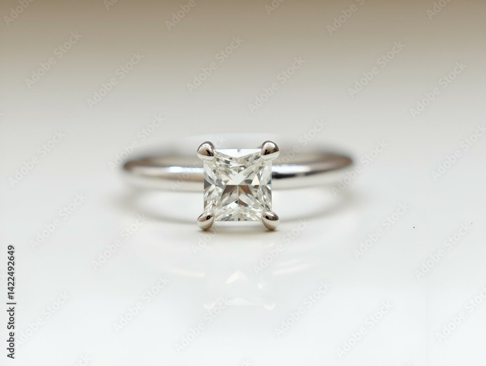 Elegant diamond ring featuring a sparkling princess-cut diamond on a polished band, perfect for engagements or special occasions. Elegant diamond ring featuring a sparkling princess-cut diamond on a polished band, perfect for engagements or special occasions.