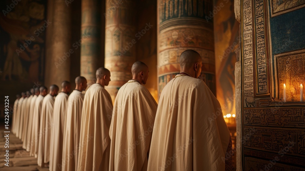 Monks in traditional robes line up in a dimly lit temple, surrounded by ancient columns and intricate wall art, creating a serene and contemplative atmosphere. Monks in traditional robes line up in a dimly lit temple, surrounded by ancient columns and intricate wall art, creating a serene and contemplative atmosphere.