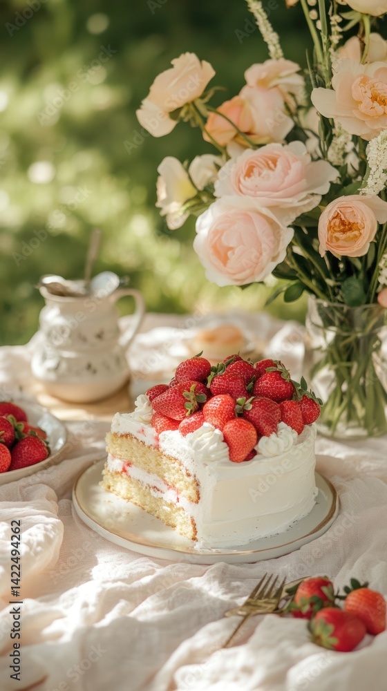 Summer picnic dessert featuring a sliced strawberry cake. Summer picnic dessert featuring a sliced strawberry cake.