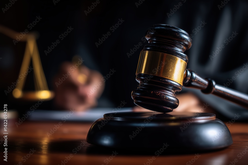 Dark Wooden Gavel on Sound Block with Scales and Hand Writing in Background Dark Wooden Gavel on Sound Block with Scales and Hand Writing in Background