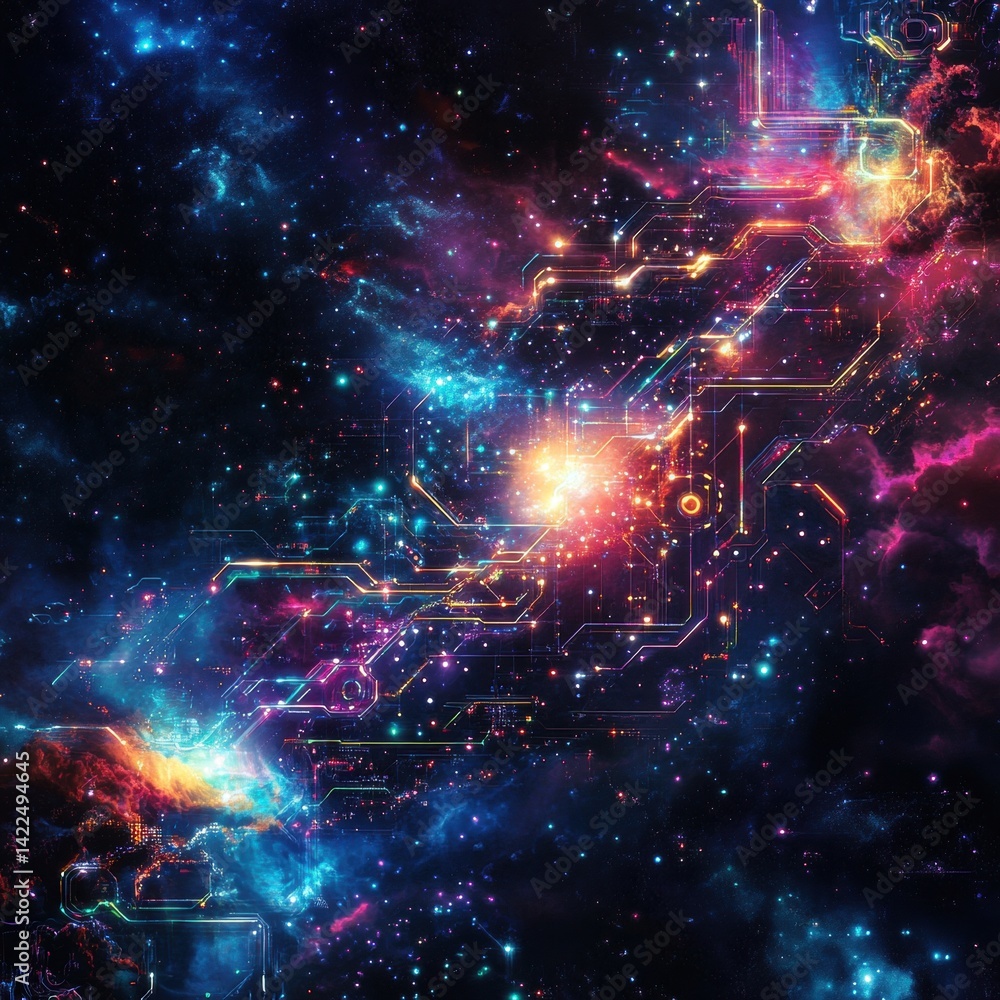 Cosmic circuitry illuminates a nebula of stars. Cosmic circuitry illuminates a nebula of stars.