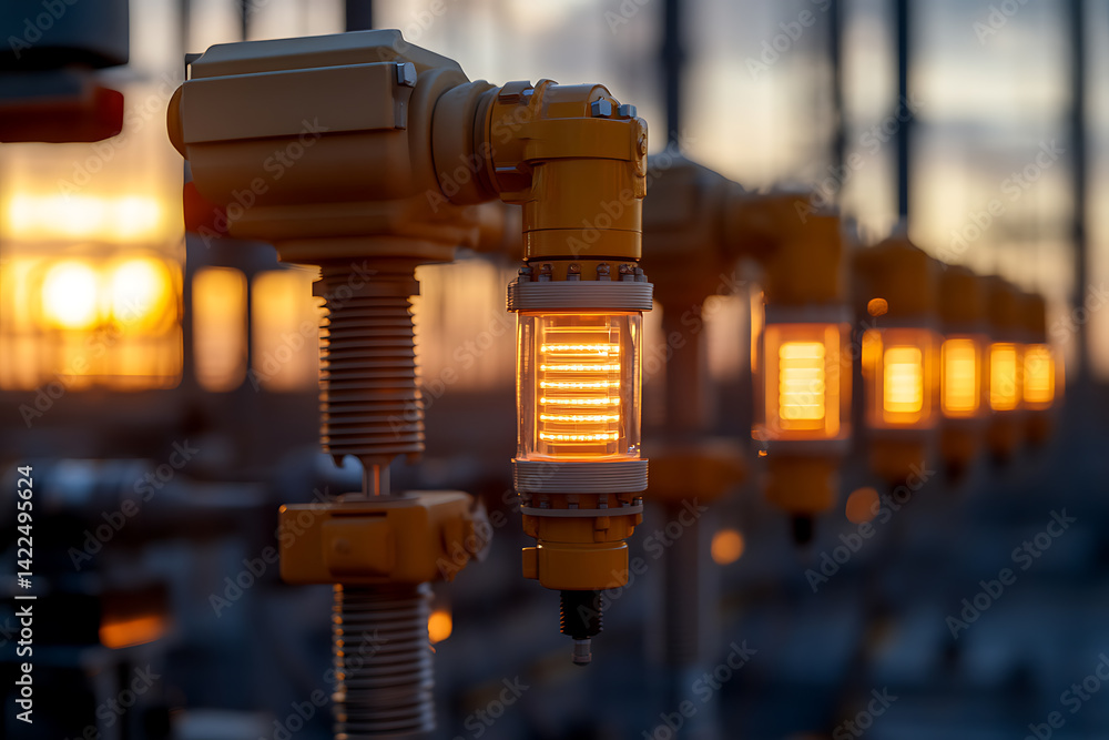 Close-up of a row of illuminated level indicators on industrial equipment, sunset backdrop. Industrial process visualization and liquid level monitoring. Close-up of a row of illuminated level indicators on industrial equipment, sunset backdrop. Industrial process visualization and liquid level monitoring.